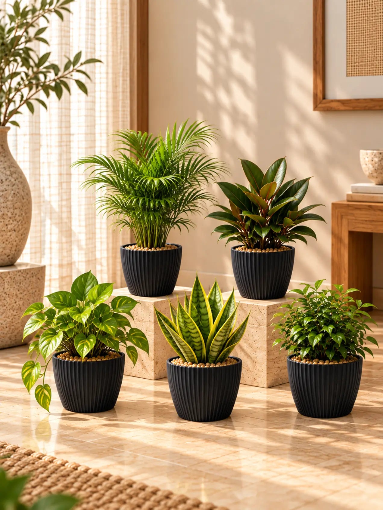 Elegant Ribbed Melamine Pot | Black | 15 cm | Set of 5