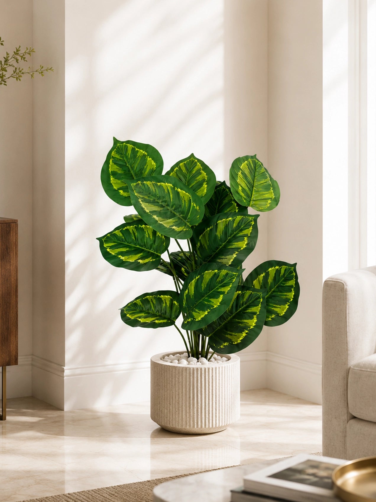 Artificial Philodendron Plant | Patterned Green Leaves | 65 cm | 18 Leaves | With Basic Pot