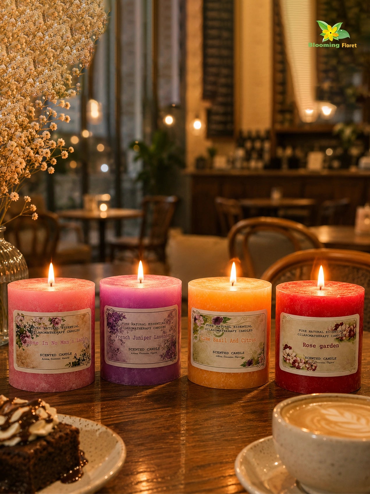 French, Lime Basil & Citrus, Rose Men's, Rose Garden - Scented Pillar Candle | 8 cm | Set of 4