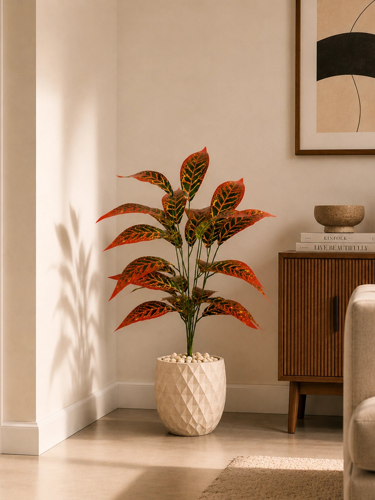 Artificial Red Iceton Croton Plant | 74 cm | 26 Leaves | With Basic Pot