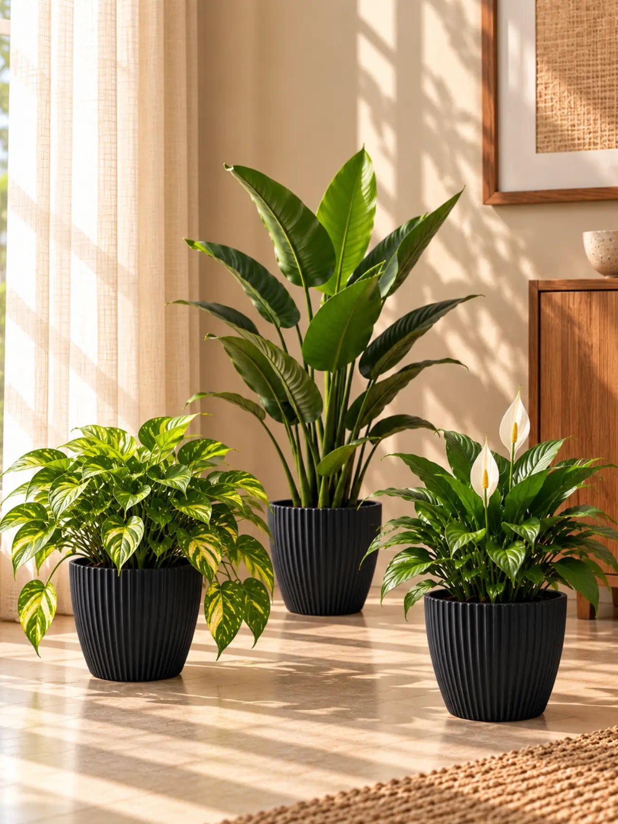 Elegant Ribbed Melamine Pot | Black | 15 cm | Set of 3