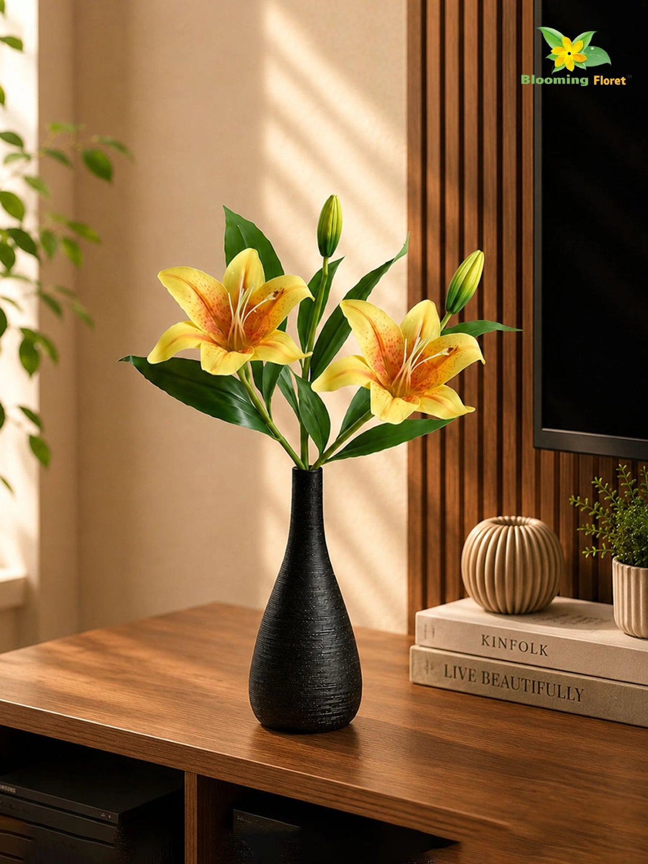 Artificial Lily Flower Stick | Yellow | 35 cm | Set of 2