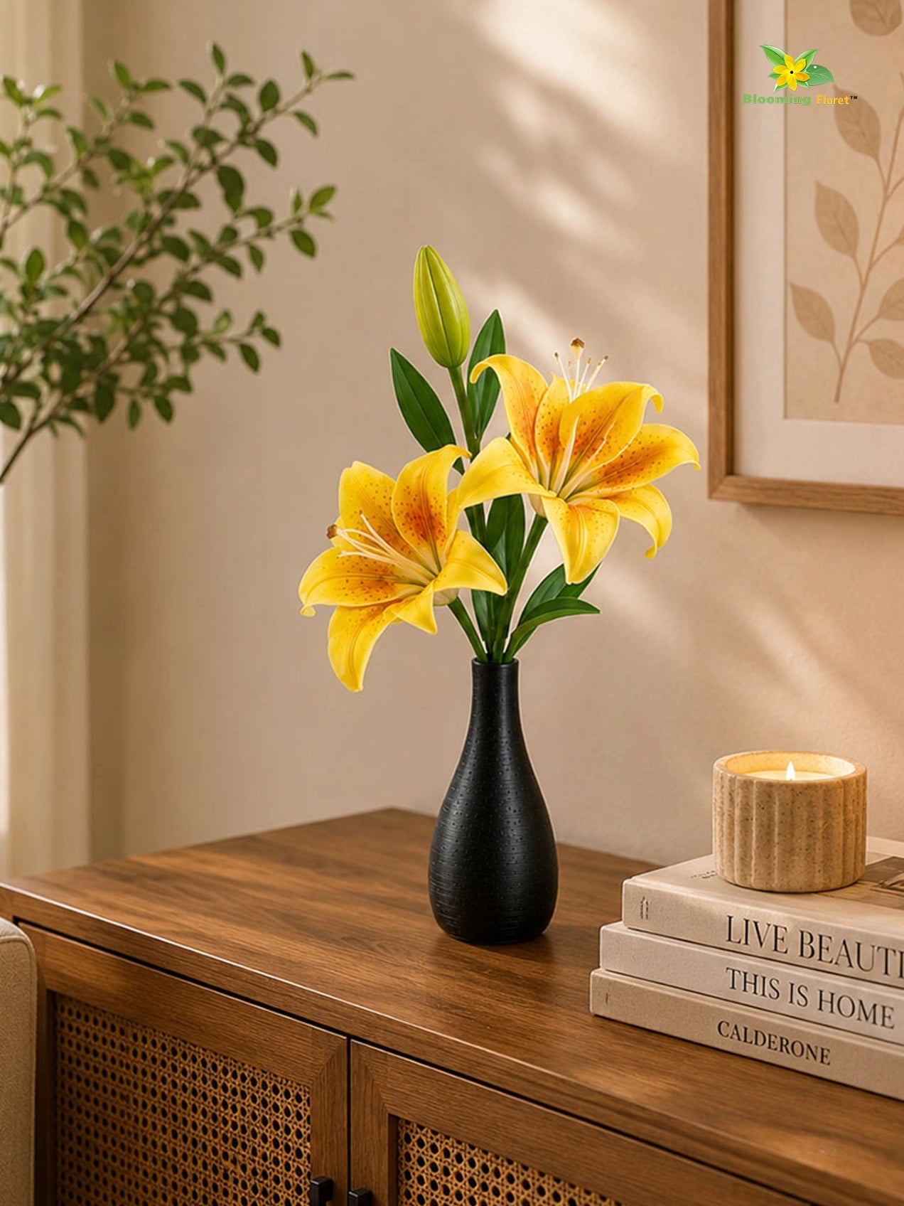 Artificial Lily Flower Stick | Yellow | 35 cm
