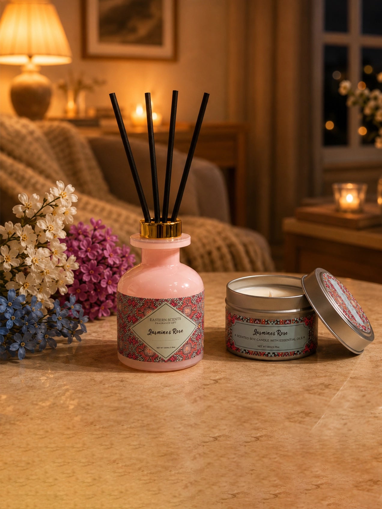 Jasmine & Rose Premium Candle & Diffuser Set with Magnolia Kobus
