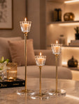Candle Holder with Glass Base | Golden | Square Top | Set of 3