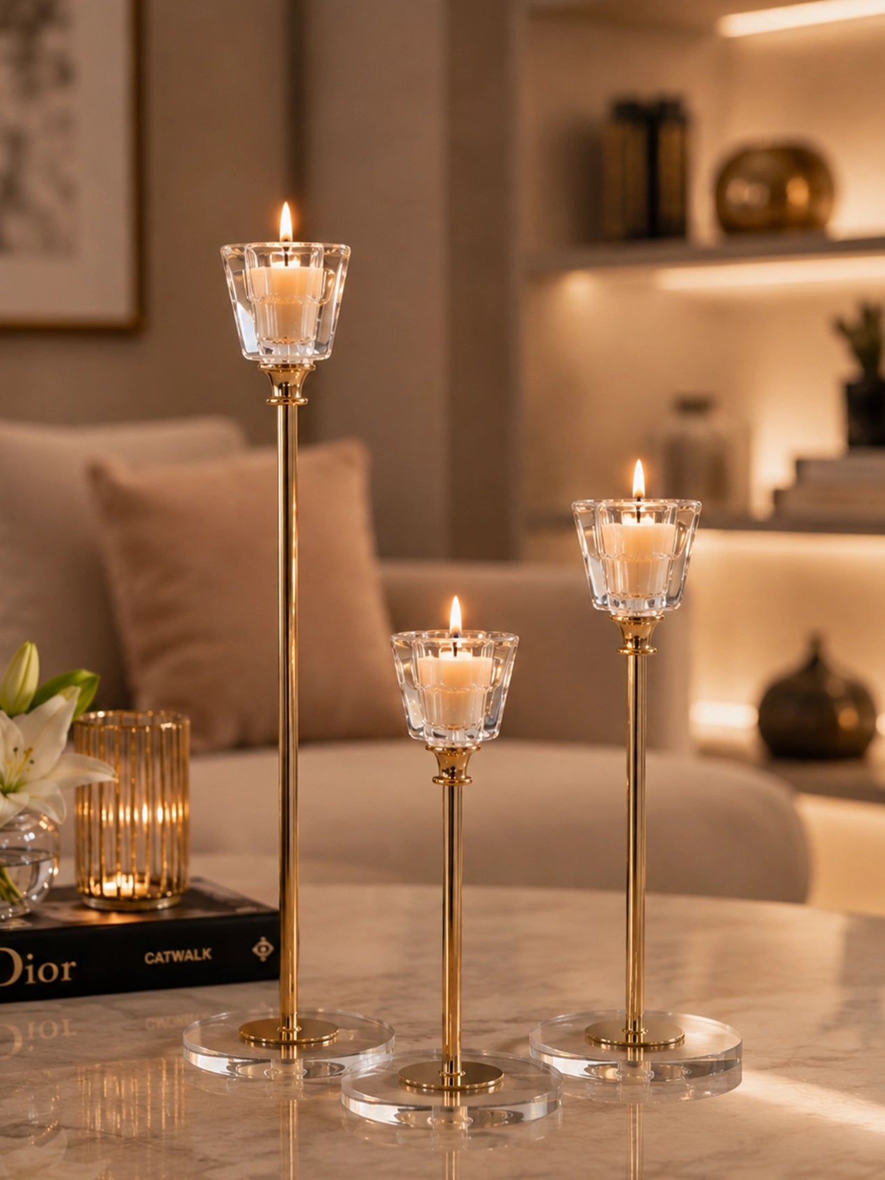 Candle Holder with Glass Base | Golden | Square Top | Set of 3