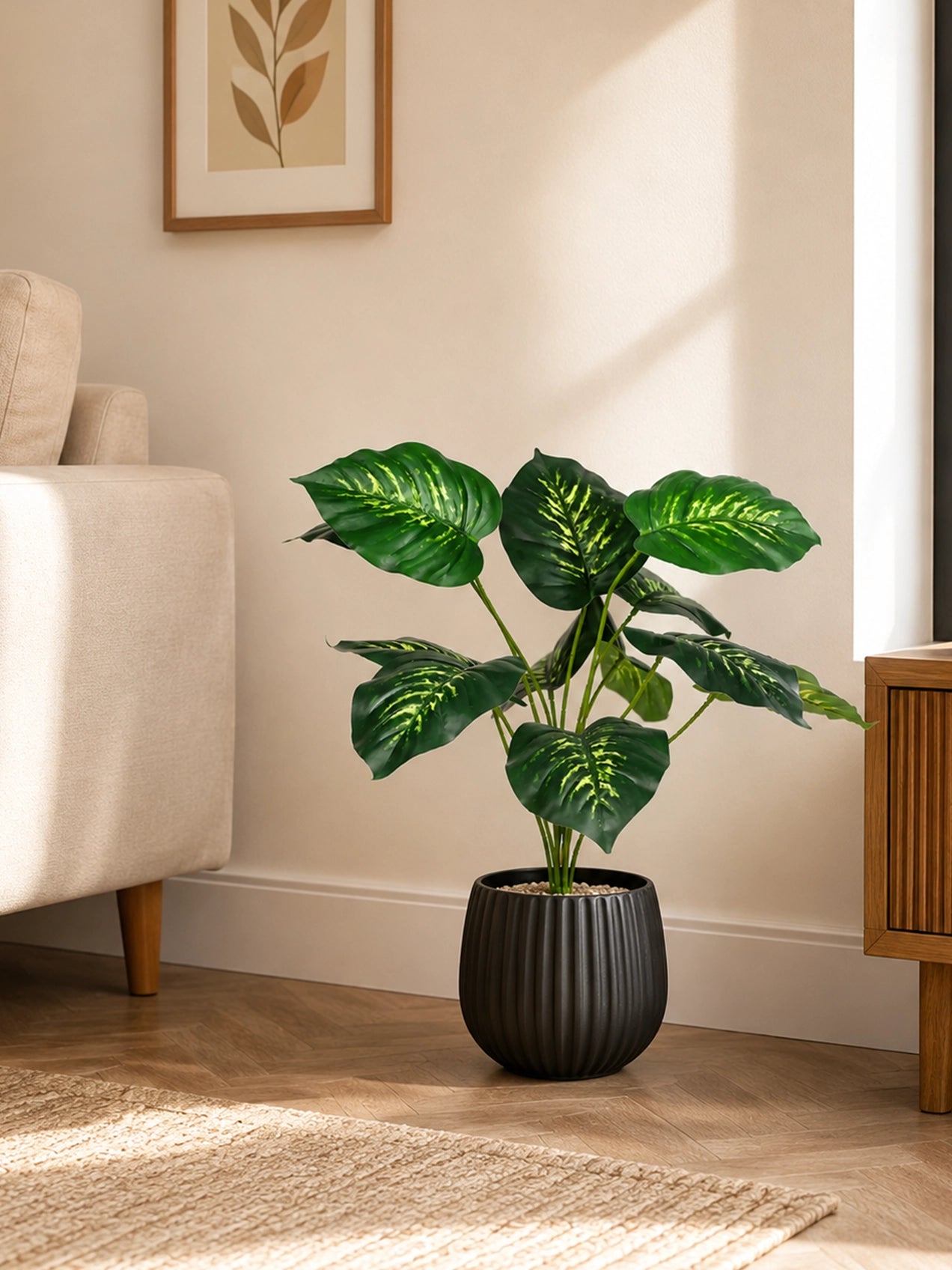 Artificial Philodendron Plant | Green & Yellow Leaves | 50 cm | 12 Leaves | With Basic Black Pot