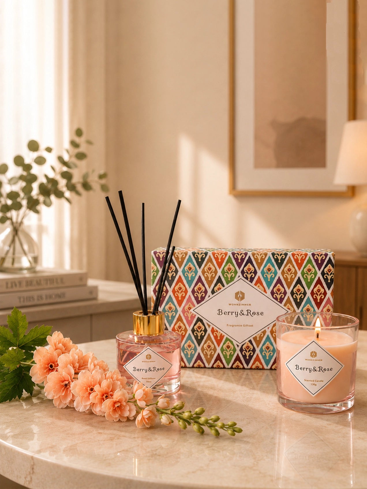 Berry & Rose Candle & Reed Diffuser Set with Peach Delphinium