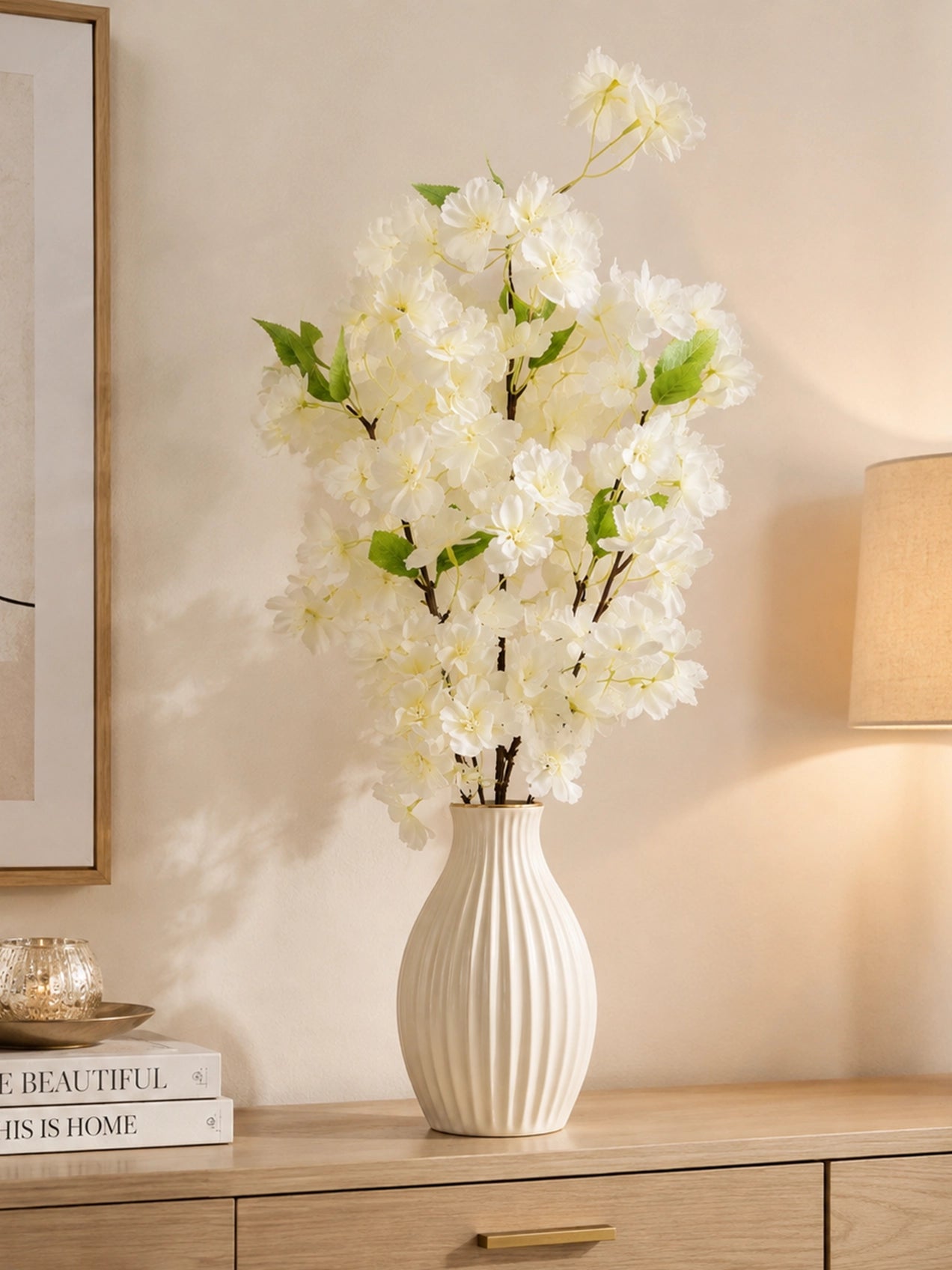 Cherry Blossom Flower Bunch | Off White | 65 cm