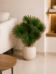 Artificial Fan Palm Plant | Patterned Green & Red Leaves | 52 cm | 12 Leaves | With Basic Black Pot