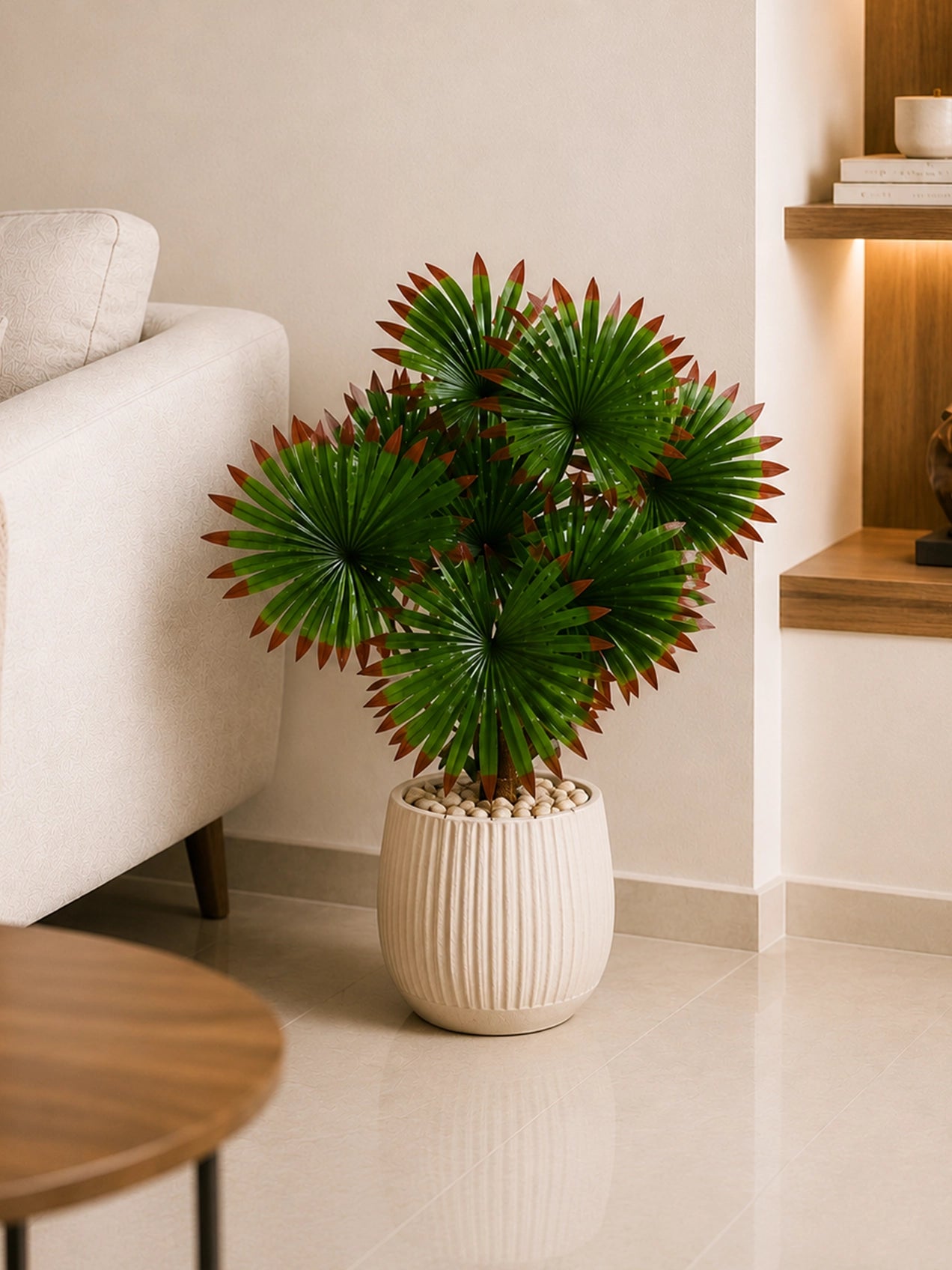 Artificial Fan Palm Plant | Patterned Green & Red Leaves | 52 cm | 12 Leaves | With Basic Black Pot
