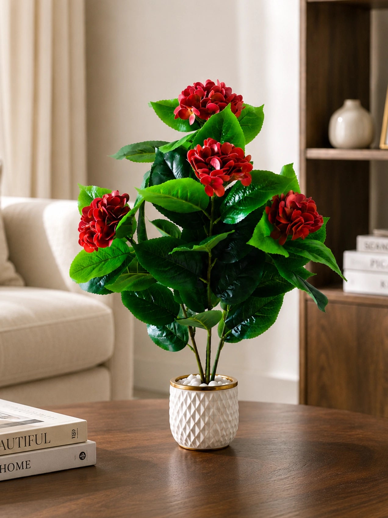 Artificial Hydrangea Flower Bunch | Red | 72 cm