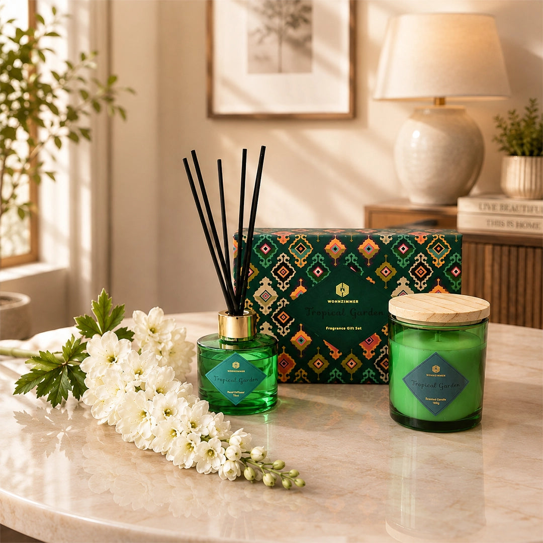 Tropical Garden Candle & Reed Diffuser Set with White Delphinium