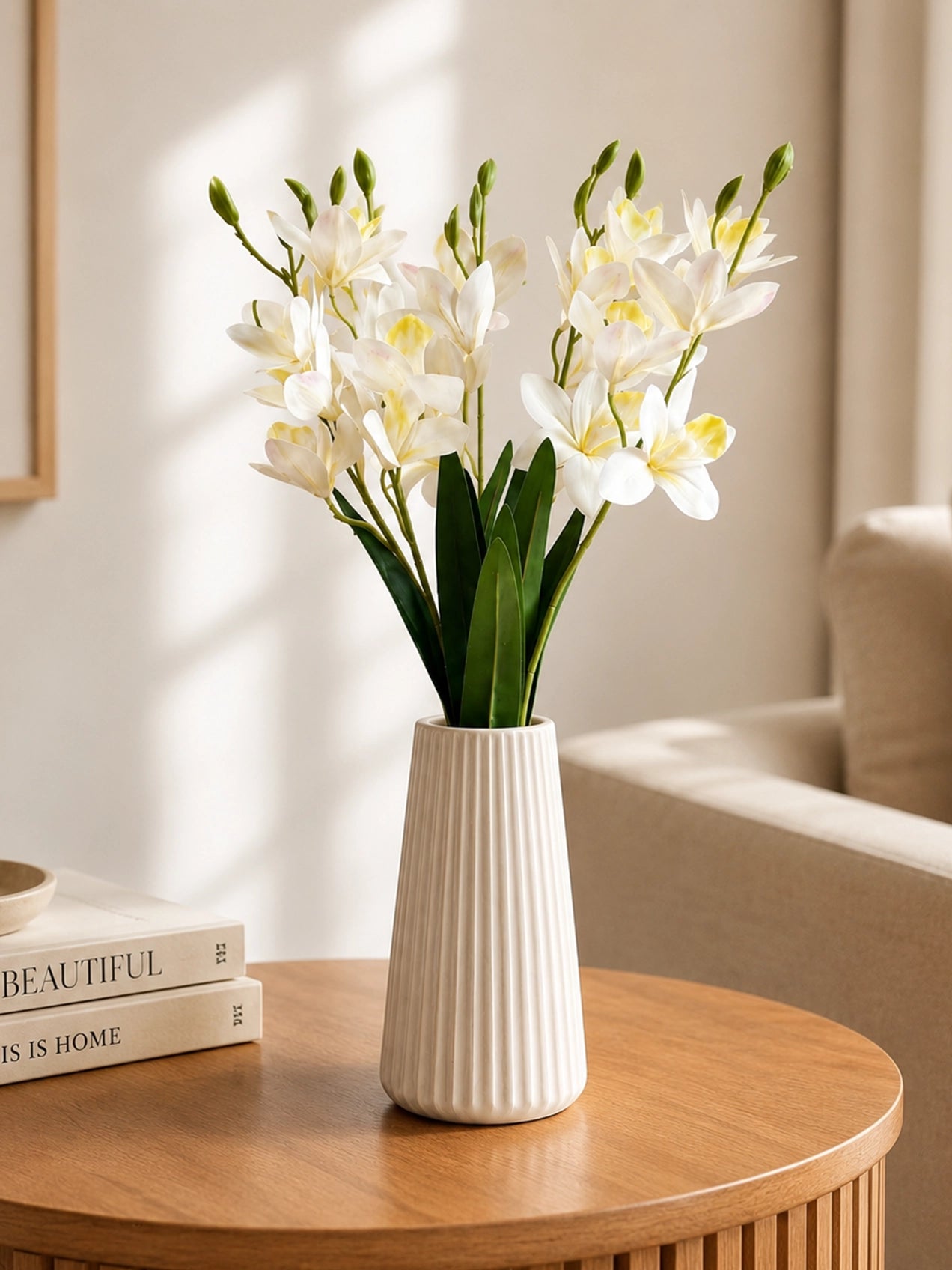 Artificial Cymbidium Orchid Flower Bunch | White | 57 cm