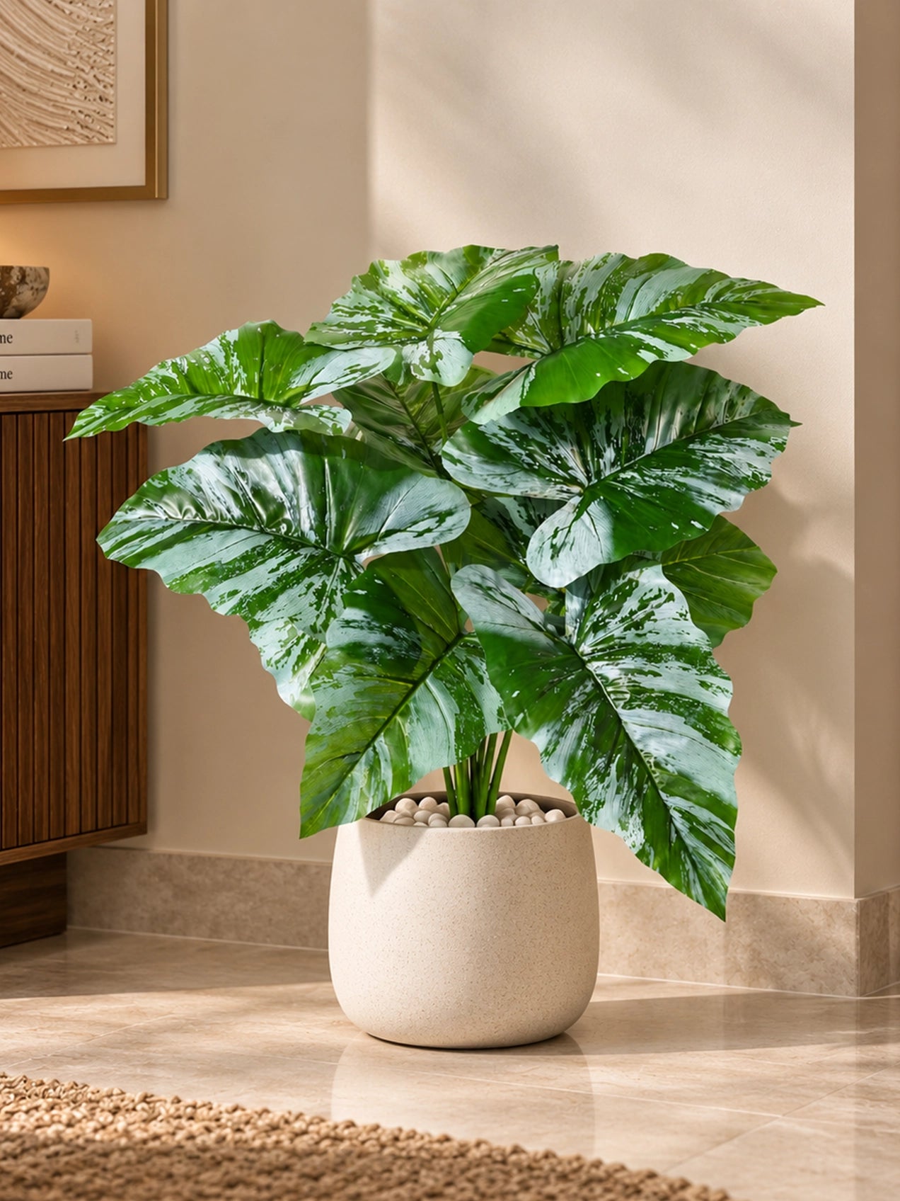 Artificial Caladium Plant | Green & White Leaves | 52 cm | 12 Leaves | With Basic Pot
