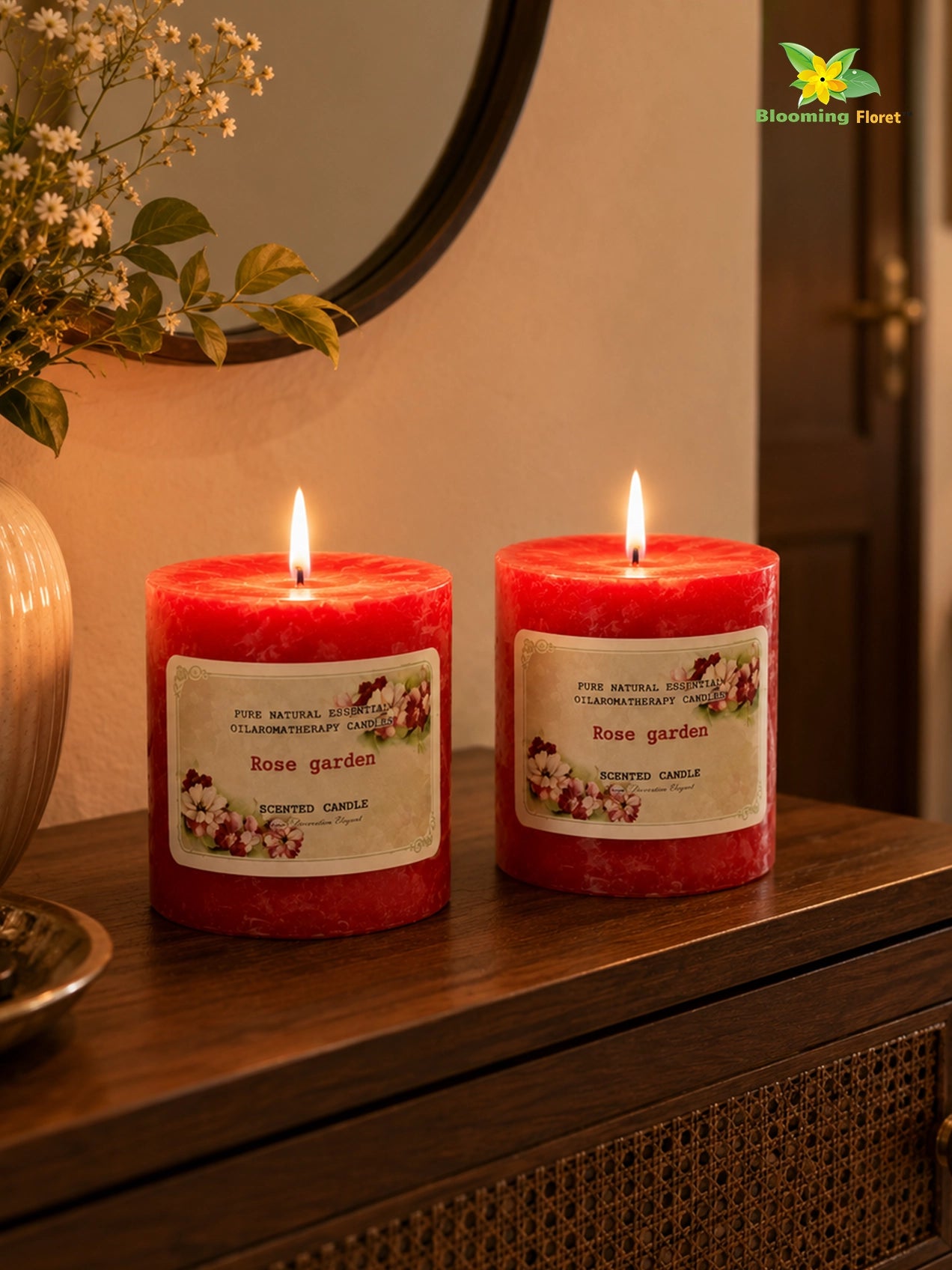 Rose Garden Scented Pillar Candle | 8 cm | Set of 2