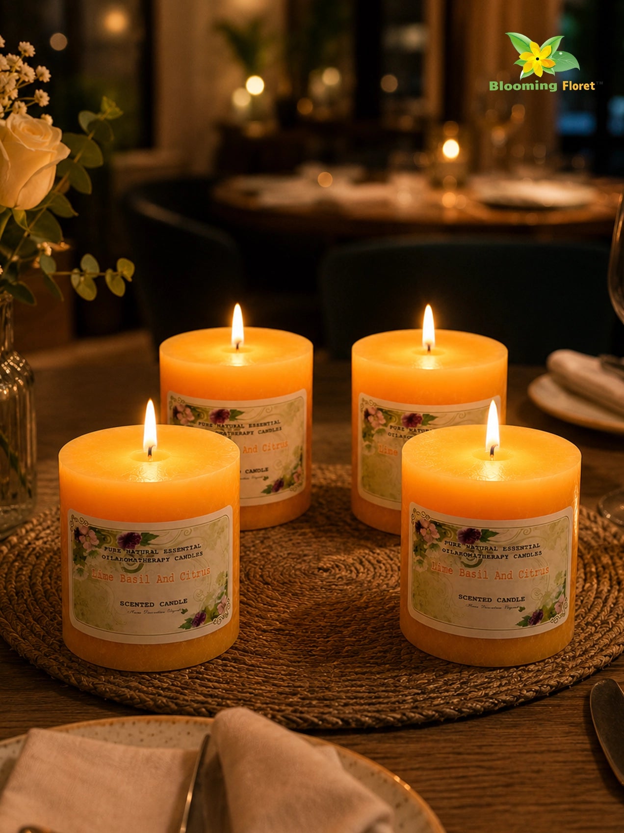 Lime Basil & Citrus Scented Pillar Candle | 8 cm | Set of 4