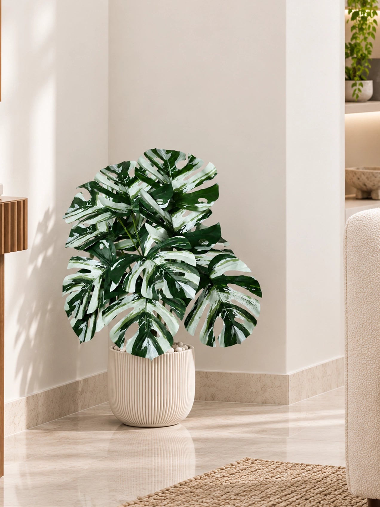 Artificial Monstera Plant | Green-White Leaves | 50 cm | 12 Leaves | With Basic Pot