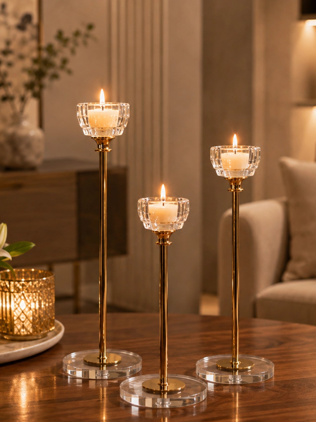 Candle Holder with Glass Base | Golden | Circular Top | Set of 3