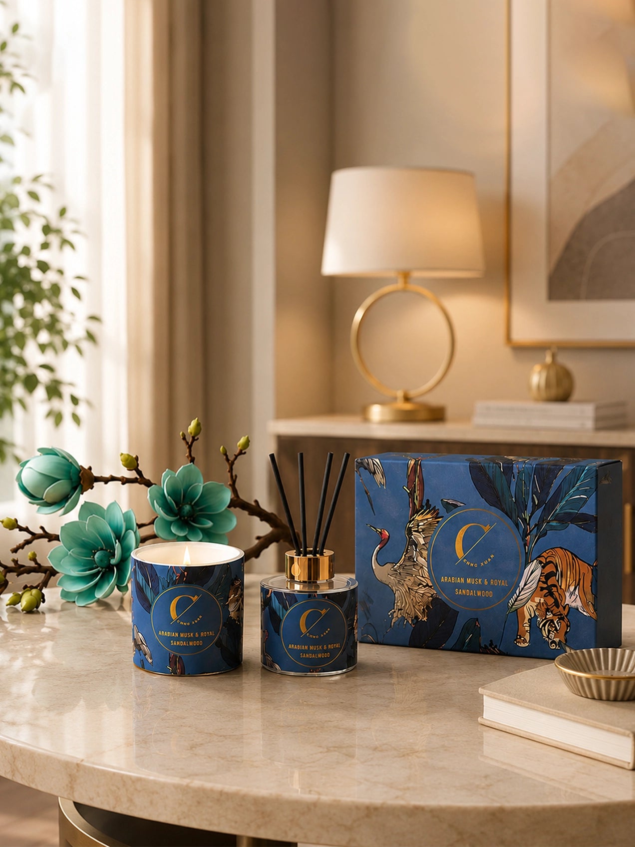 Reed Diffuser & Candle Set with Blue Magnolia Ikebana