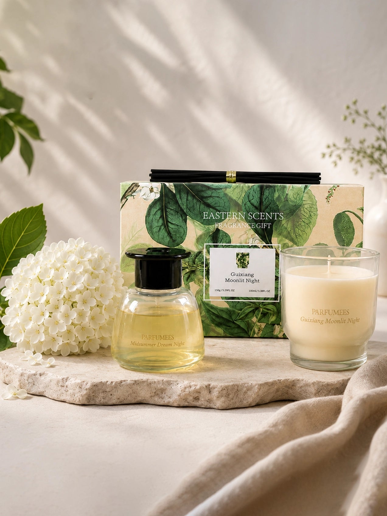 Guixiang Moonlit Candle & Diffuser Set with White Hydrangea