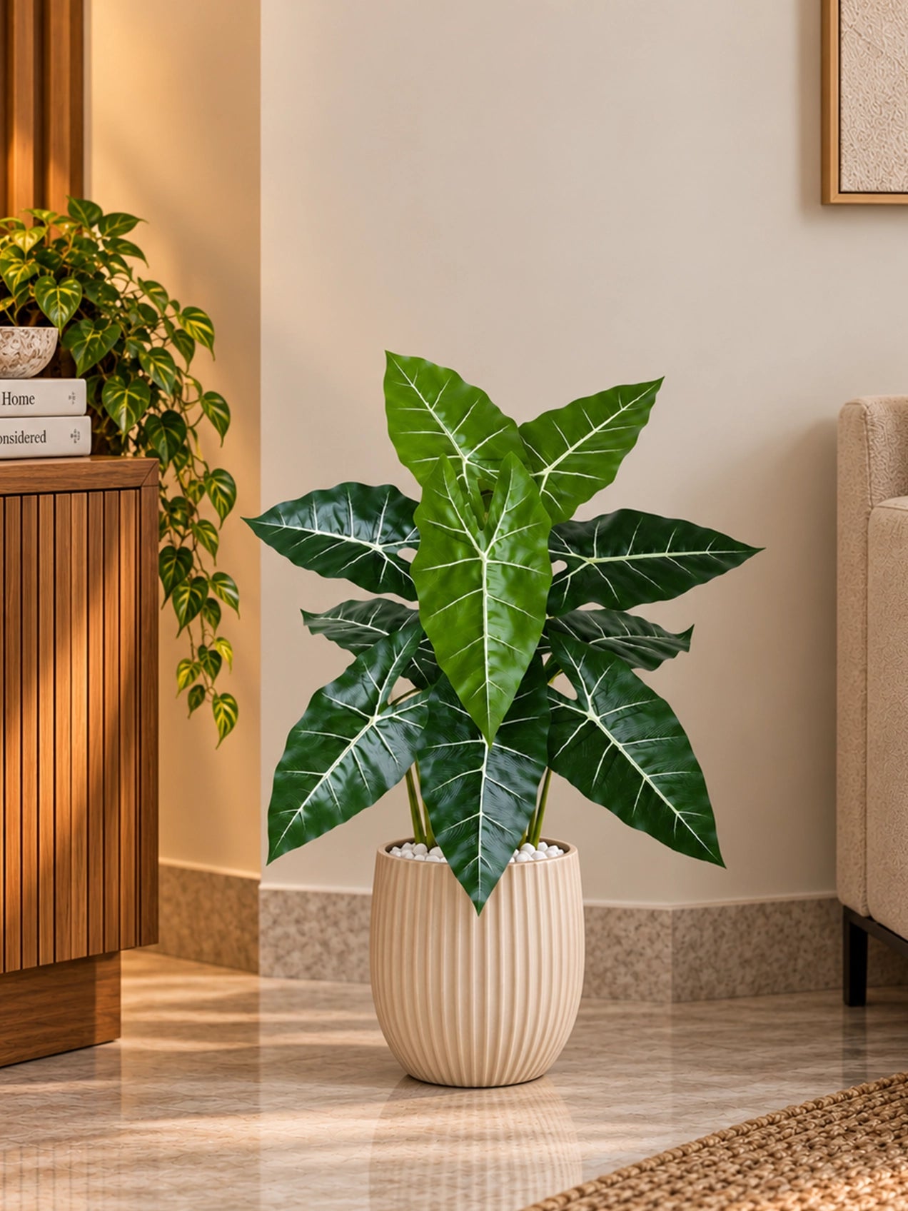 Artificial White-Veined Caladium Plant | 62 cm | 12 Leaves | With Basic Pot