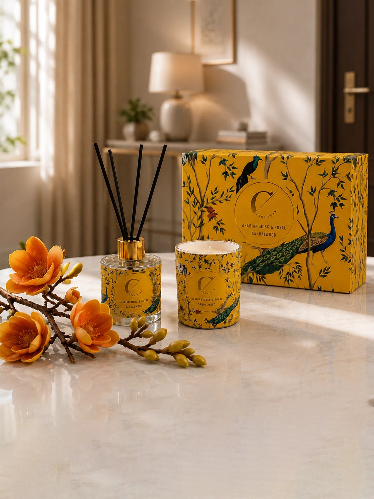 Reed Diffuser & Candle Set with Yellow Magnolia Ikebana