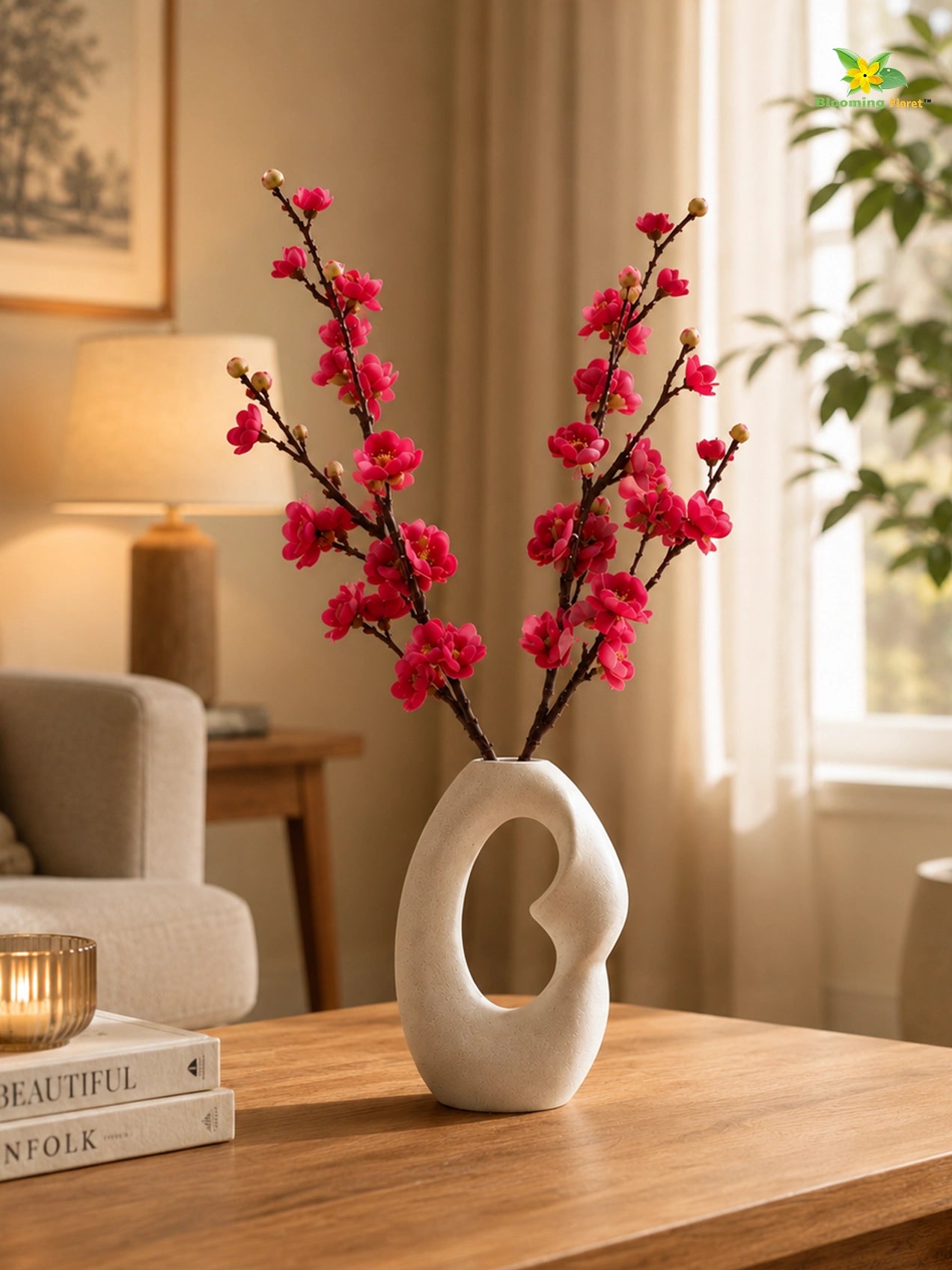 Artificial Plum Blossom Flower Stick | Dark Pink | 60 cm | Set of 2