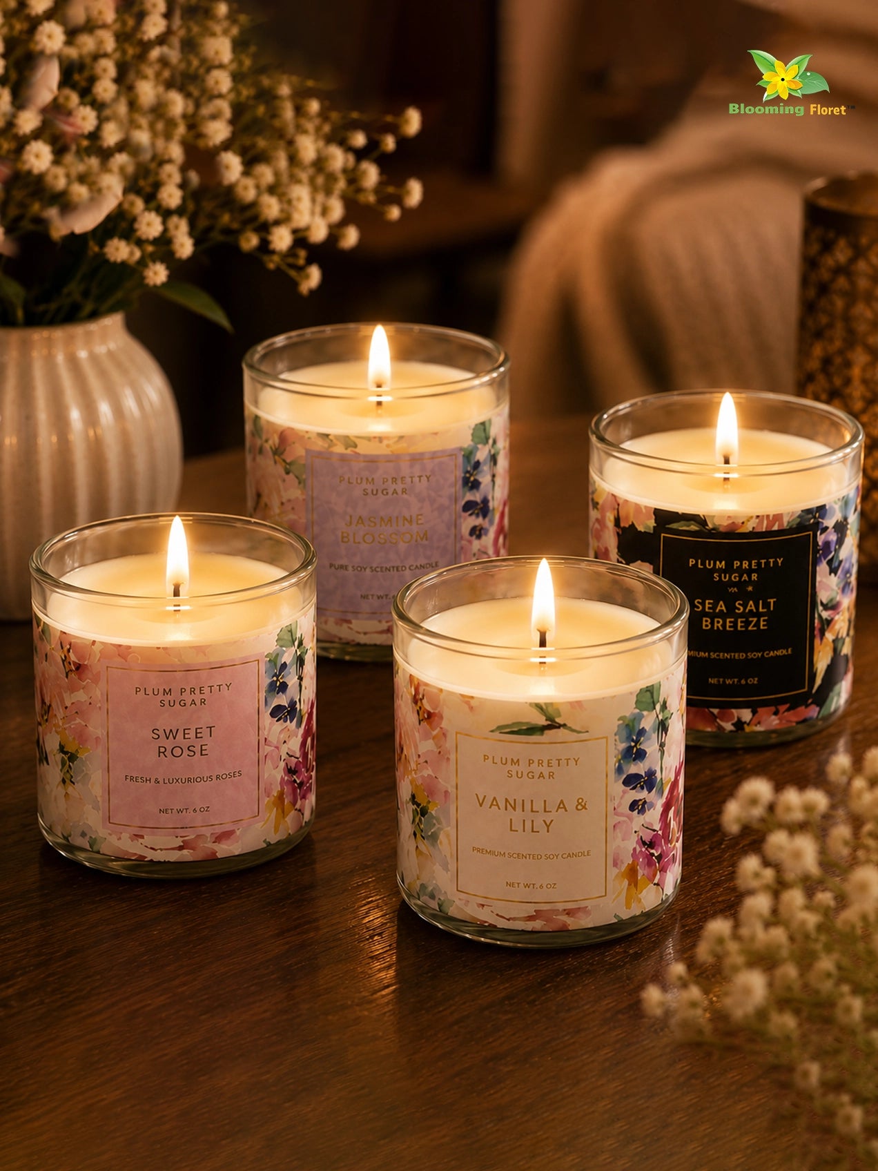 Sweet Rose, Jasmine Blossom, Vanilla Lily, Salt Salt Scented Candle Glass Jar | 6 cm | Set of 4