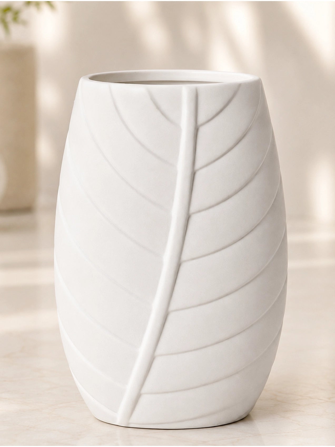 Leaf Impressed Ceramic Vase | White | 19 cm