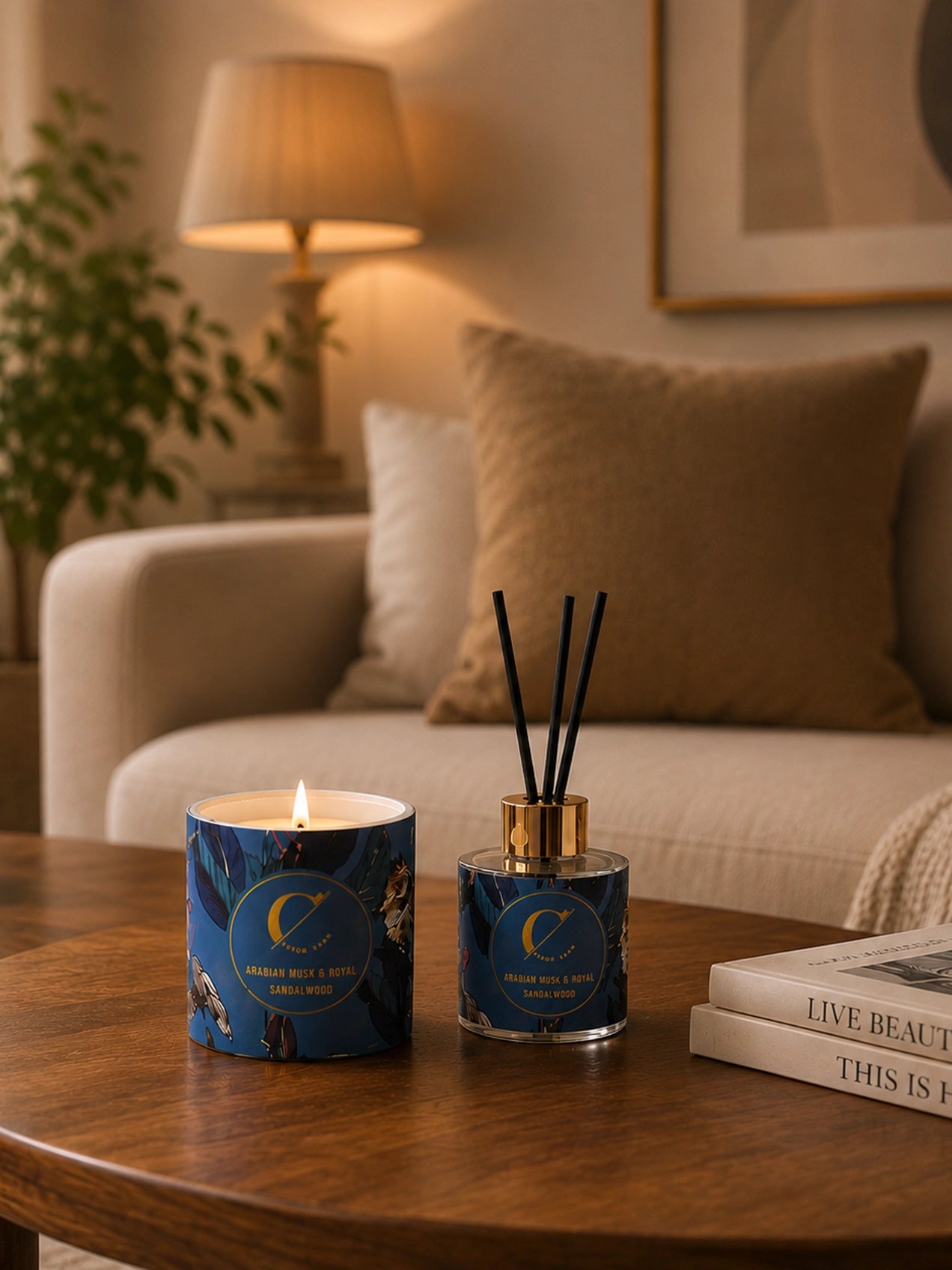 Reed Diffuser & Candle Set with Blue Magnolia Ikebana