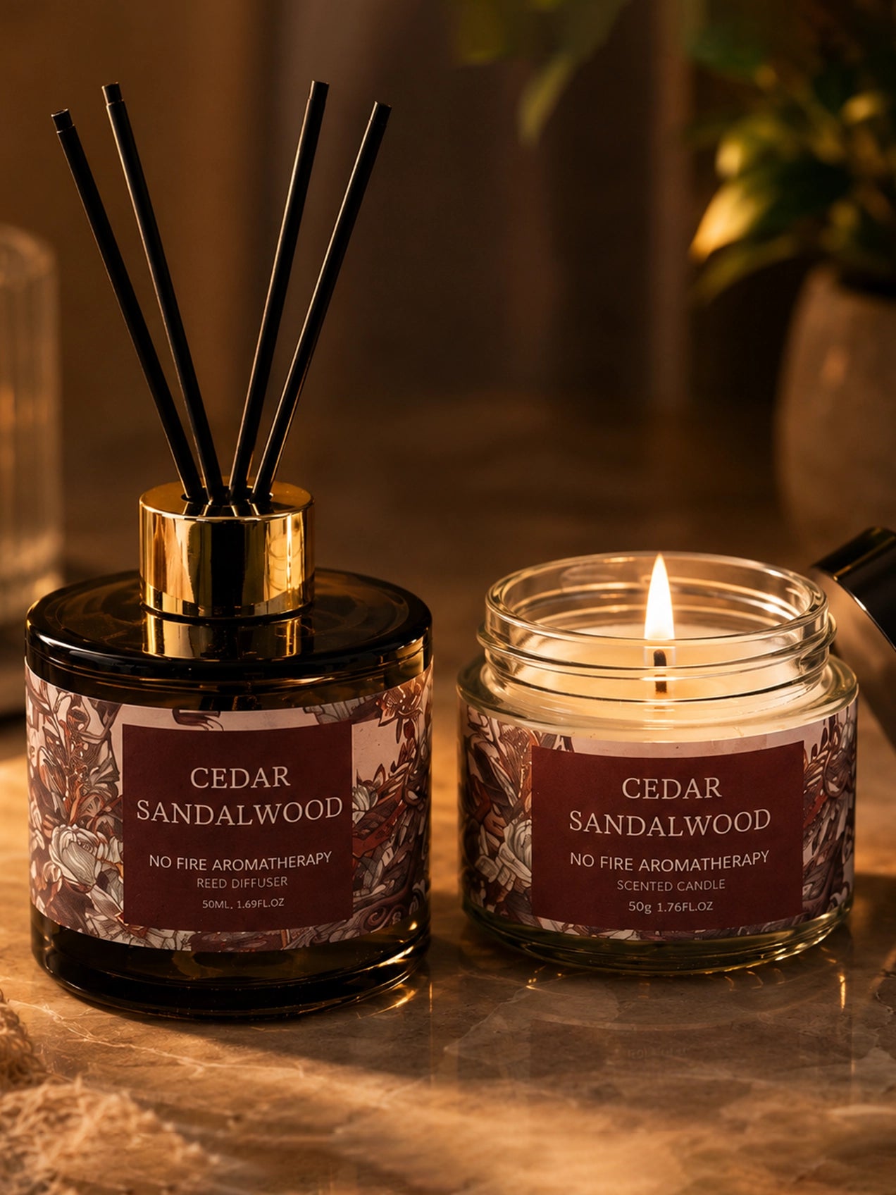Cedar Sandalwood Candle & Diffuser Set with White & Pink Orchid