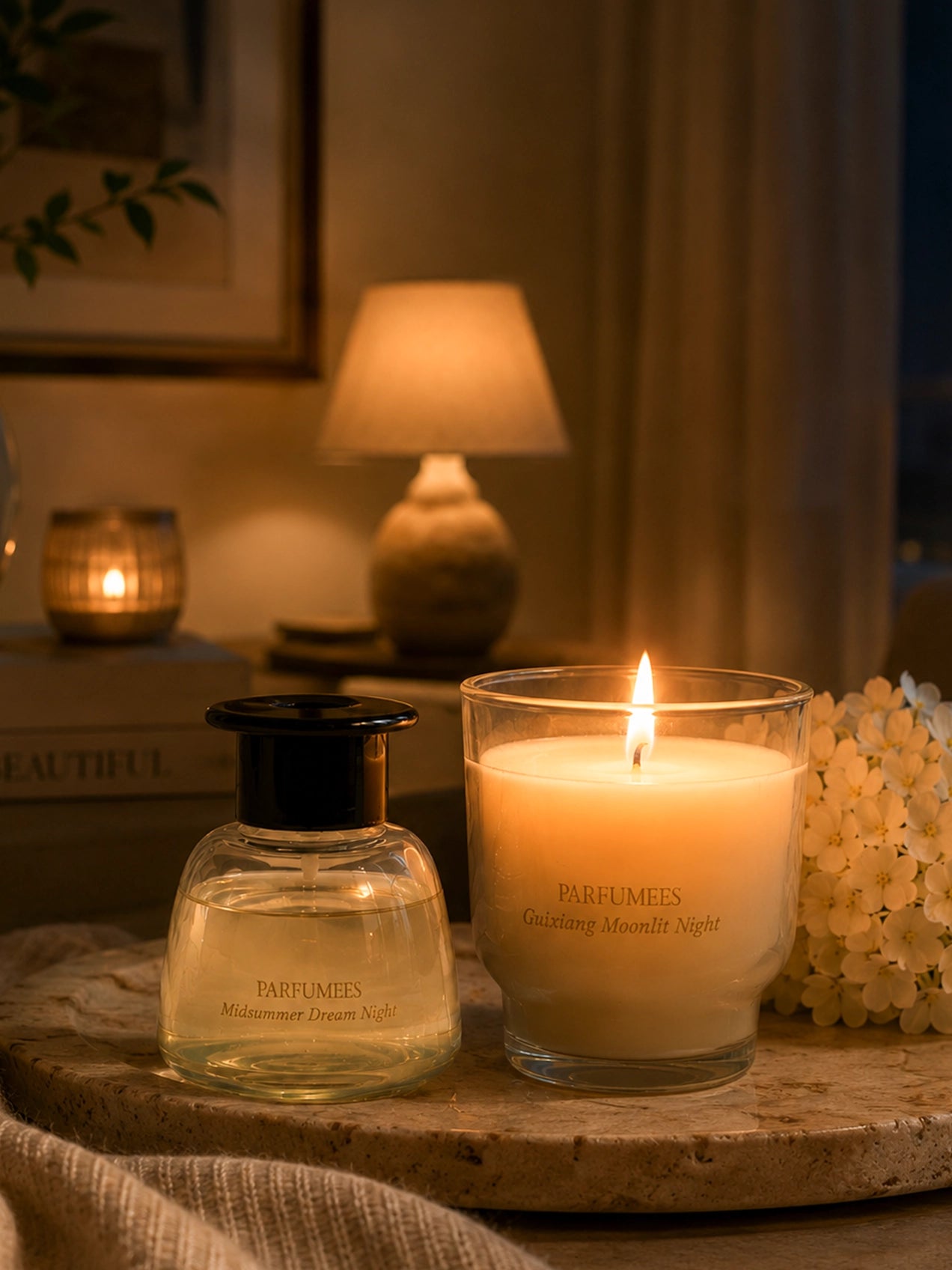 Guixiang Moonlit Candle & Diffuser Set with White Hydrangea
