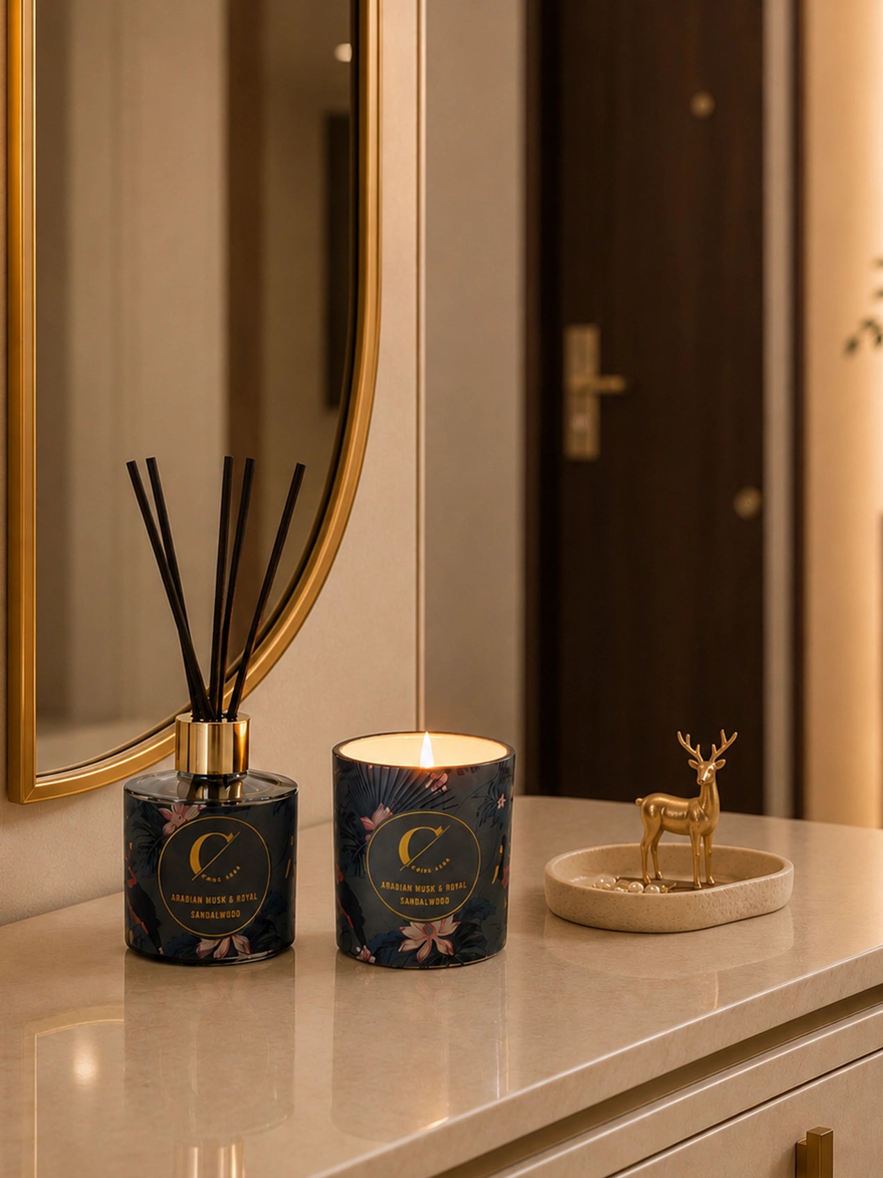 Reed Diffuser & Candle Set with White Magnolia Ikebana