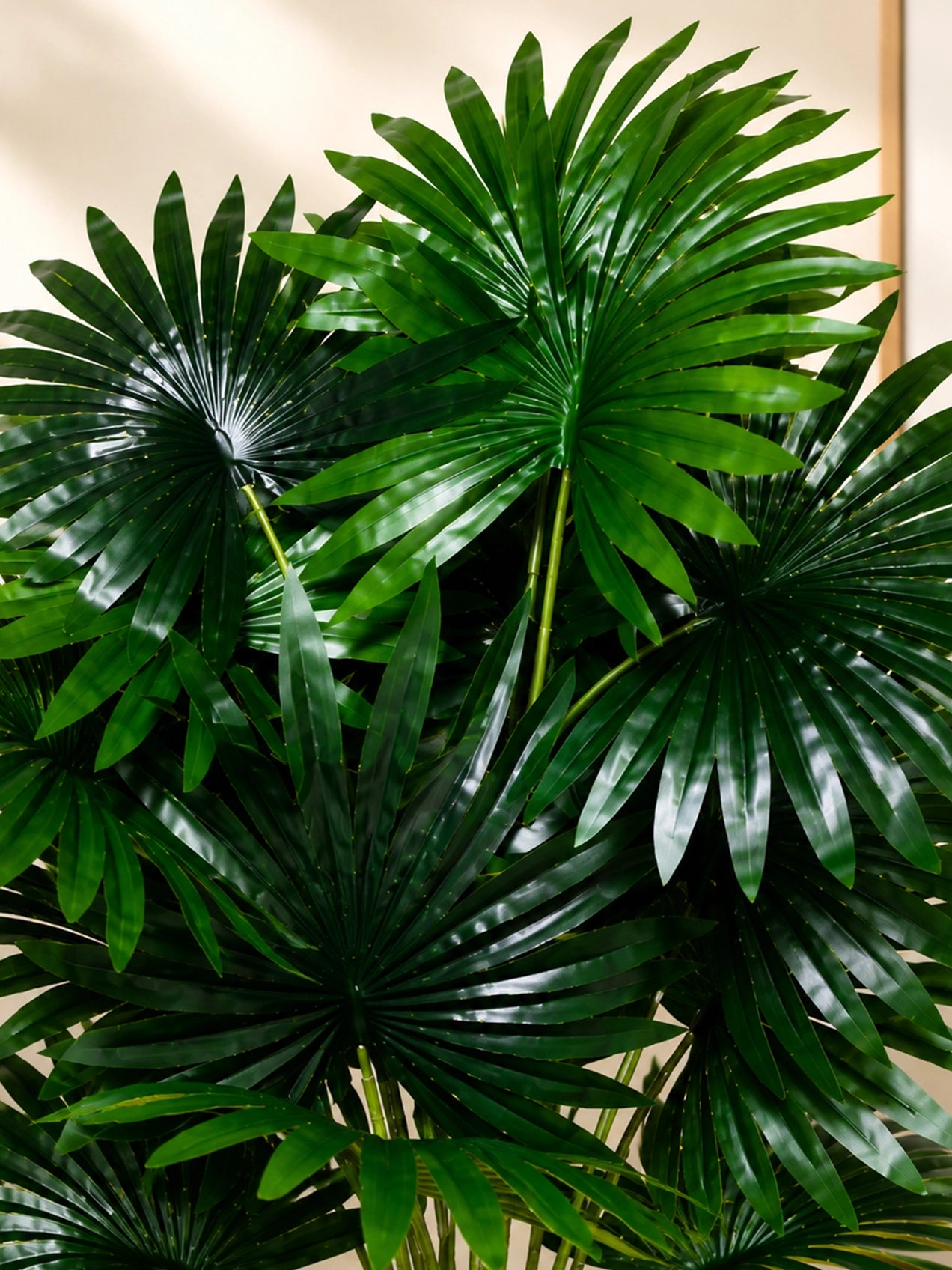 Artificial Fan Palm Plant | Patterned Green Leaves | 75 cm | 18 Leaves | With Basic Pot