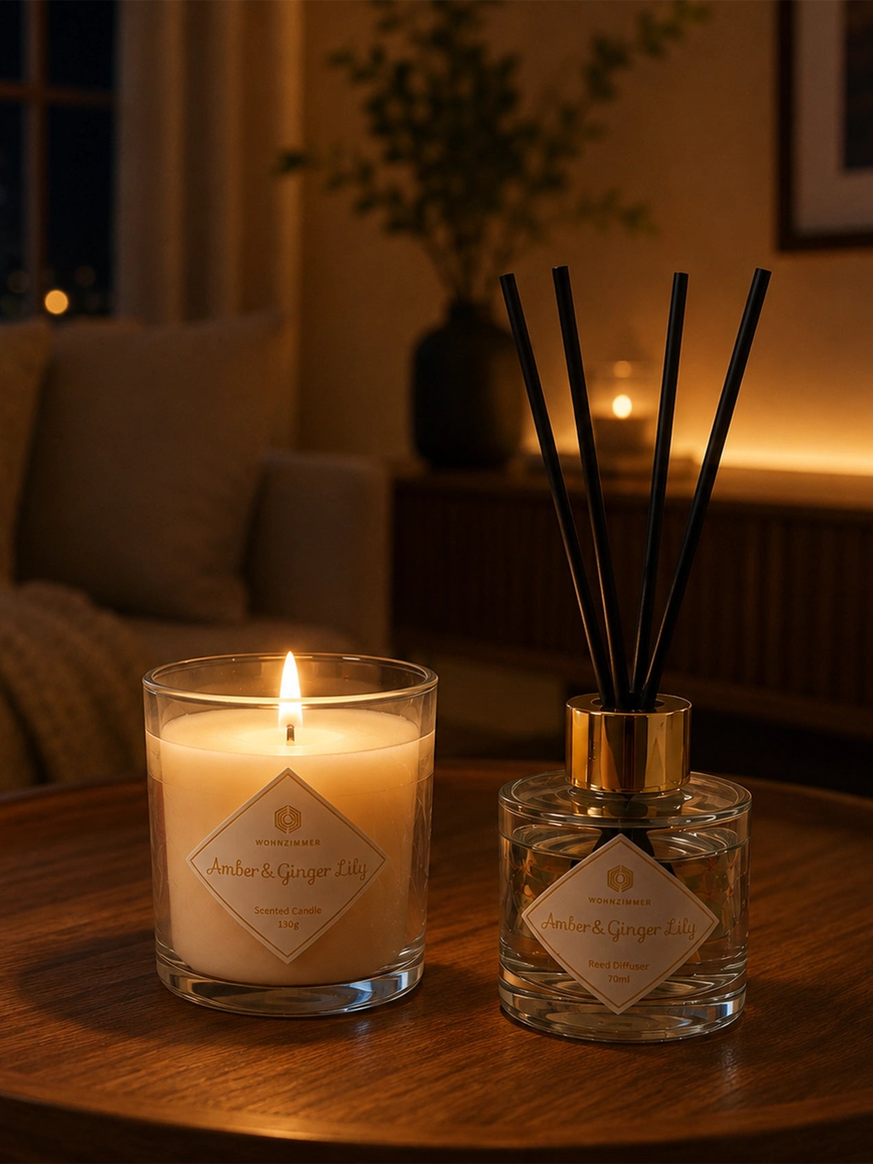 Amber Ginger & Lily Candle & Reed Diffuser Set with Pink Delphinium