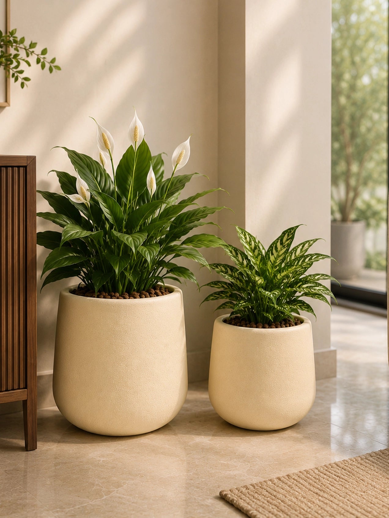 Textured Plain Cream Planters | 22 cm, 30 cm | Set of 2