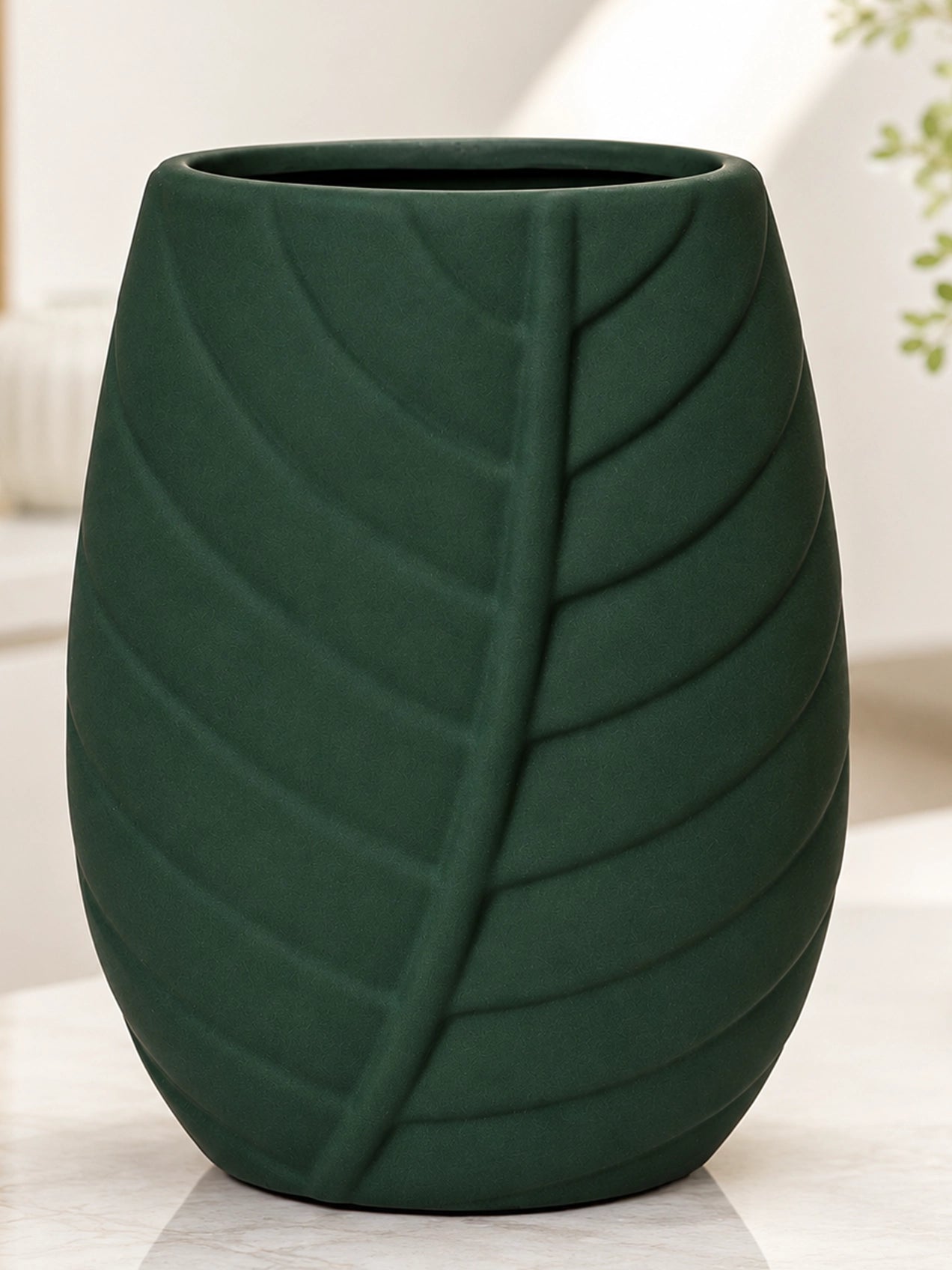 Leaf Impressed Ceramic Vase | Green | 19 cm