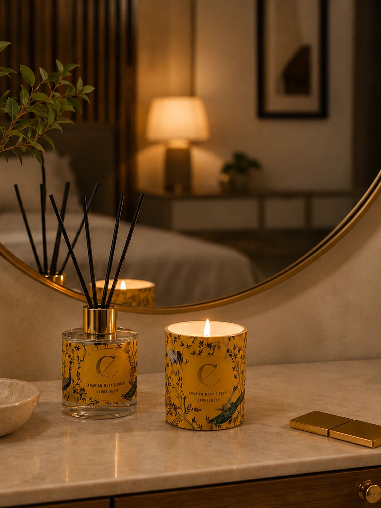 Reed Diffuser & Candle Set with Yellow Magnolia Ikebana