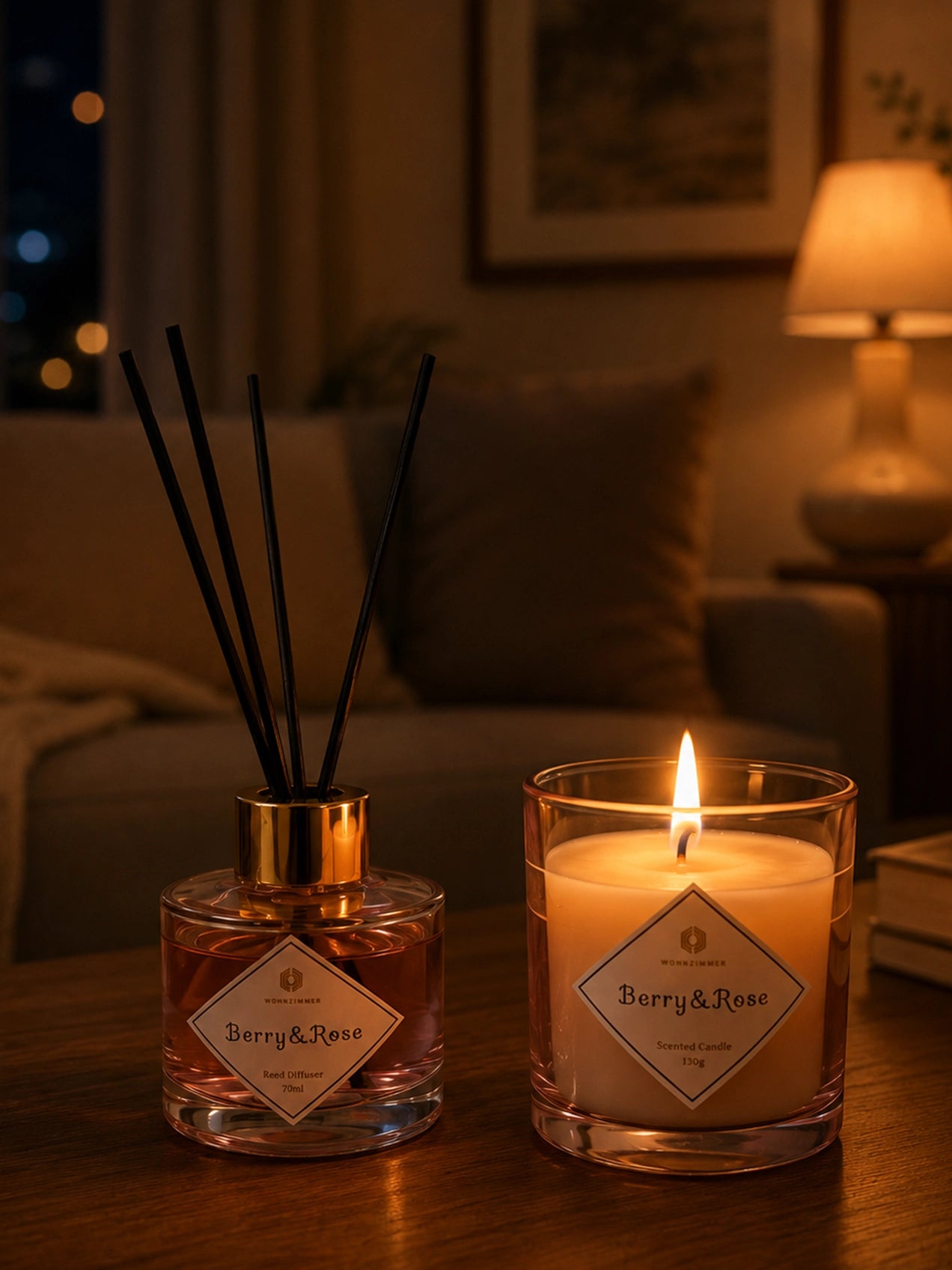 Berry & Rose Candle & Reed Diffuser Set with Peach Delphinium
