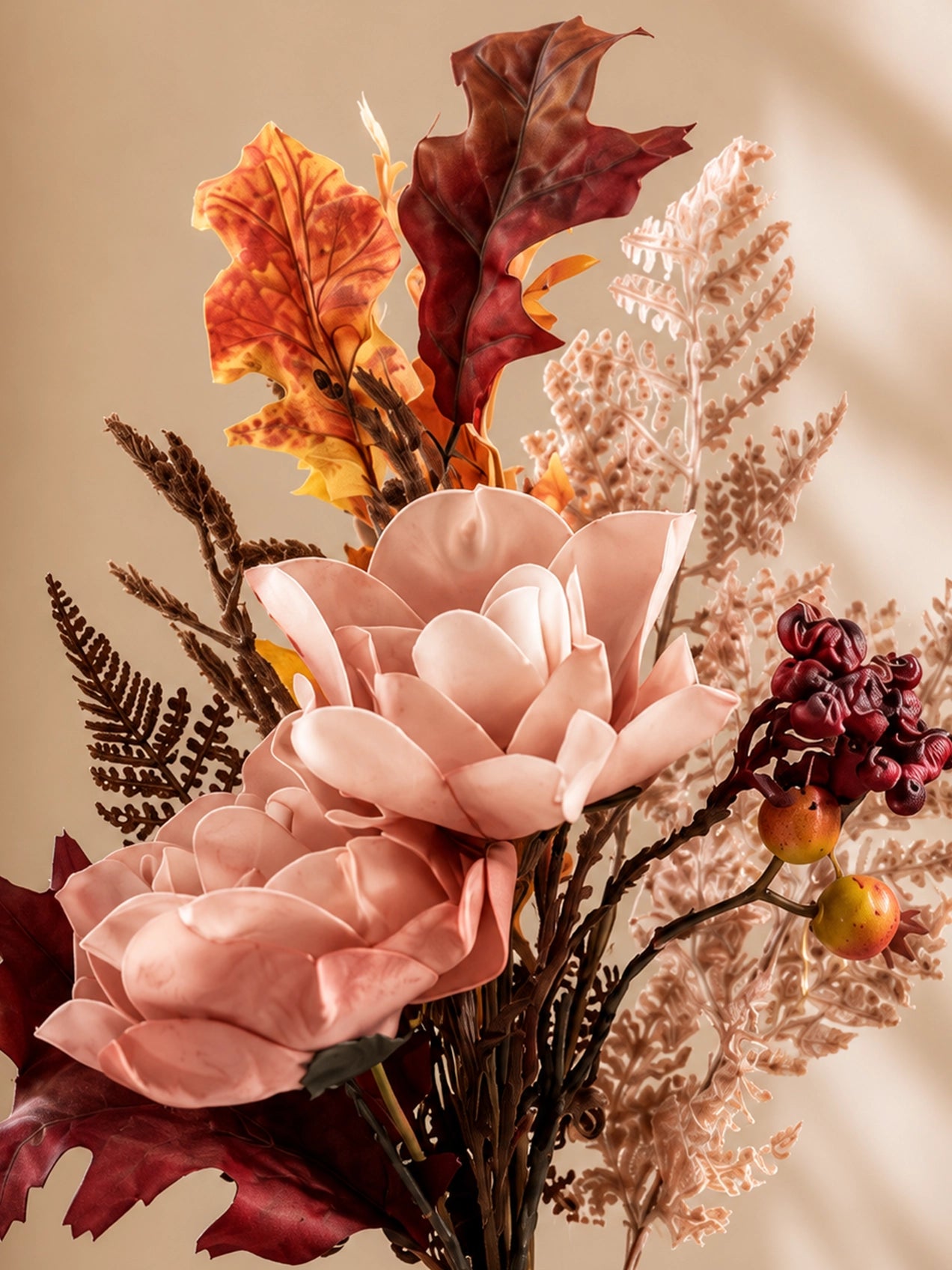 Dried Rose & Fall Leaves Bunch - Peach