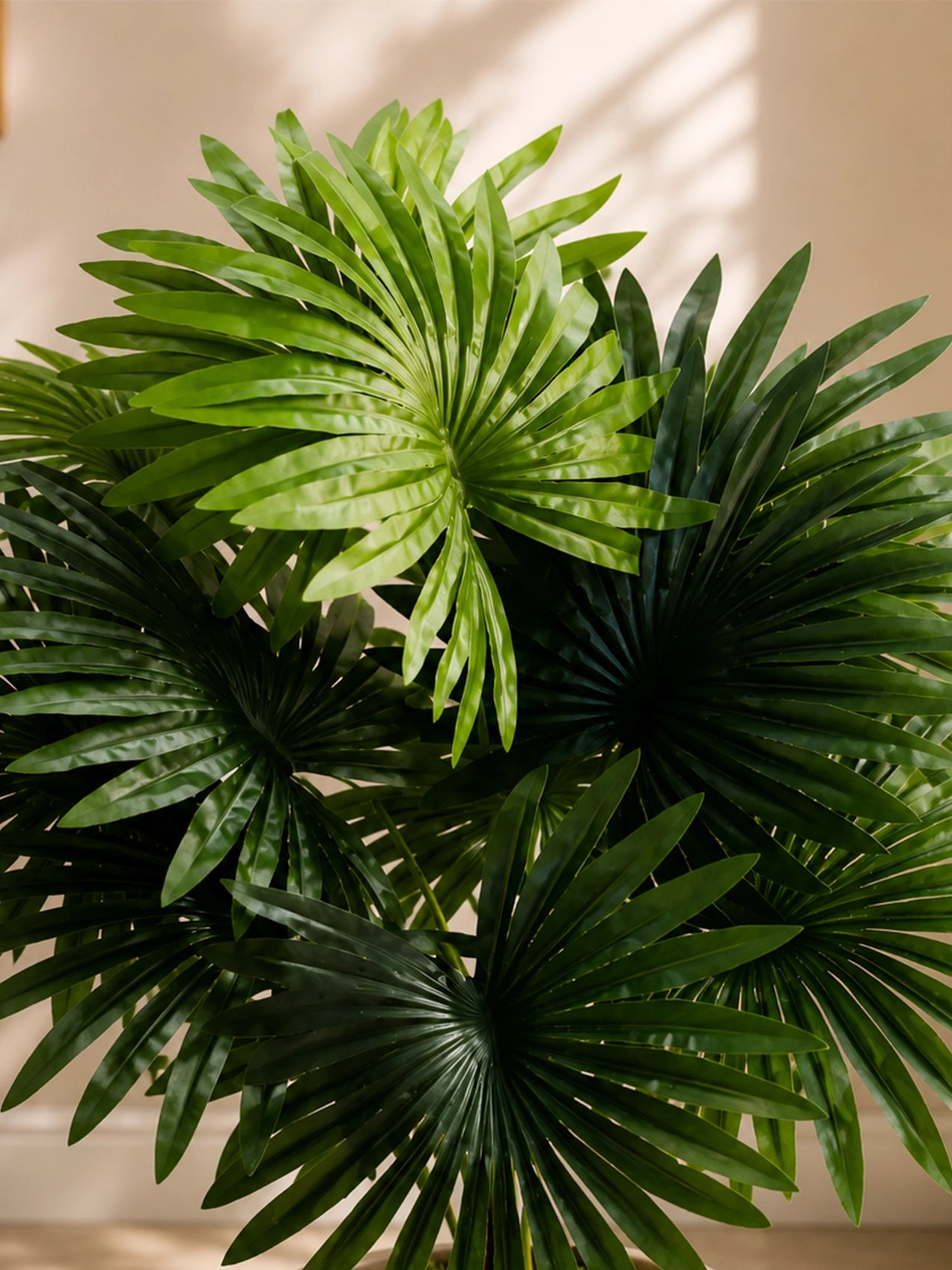 Artificial Fan Palm Plant | Patterned Green Leaves | 52 cm | 12 Leaves | With Basic Black Pot