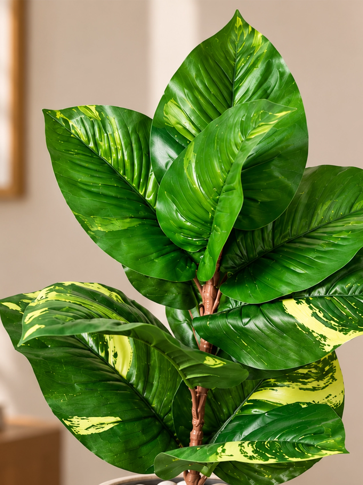 Artificial Dieffenbachia Honeydew Plant | 50 cm | 11 Leaves | With Basic Black Pot
