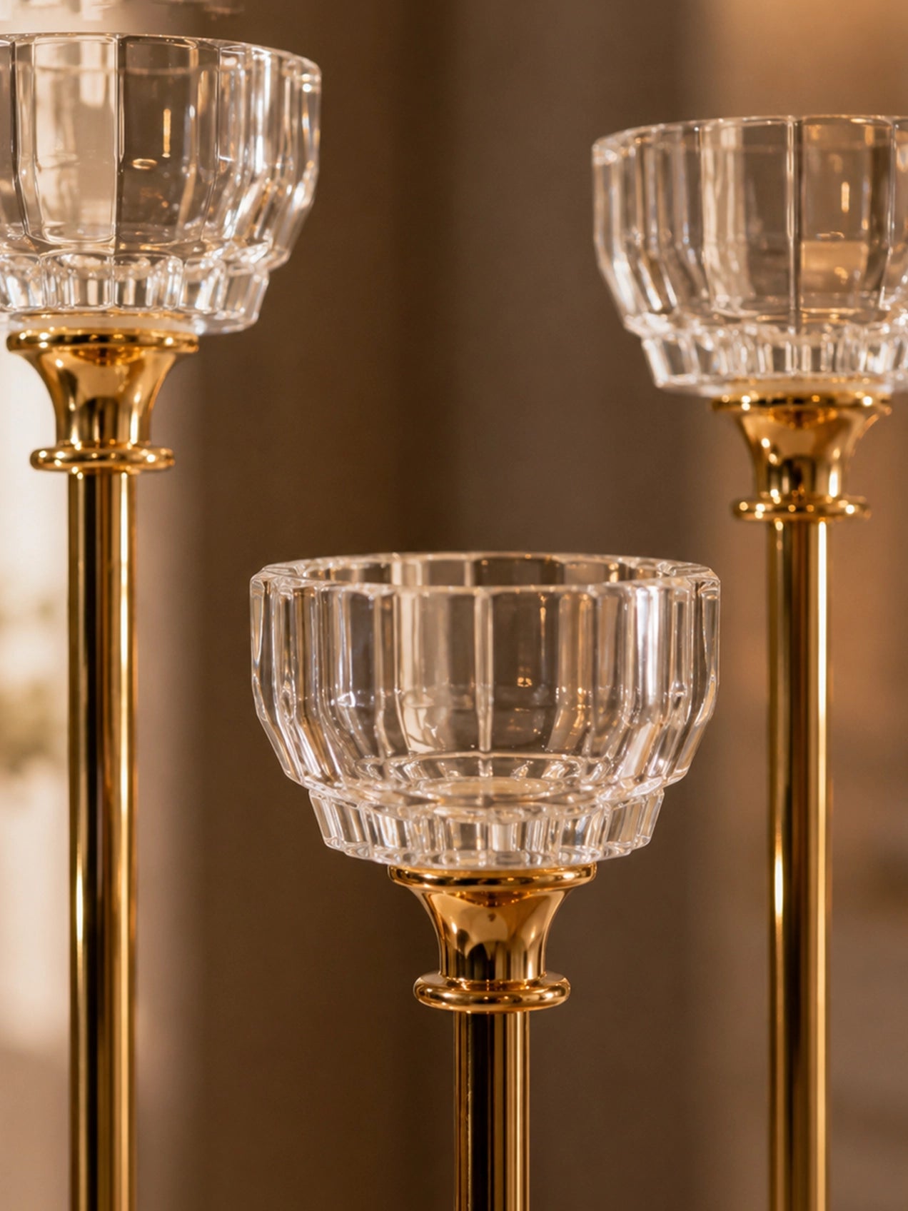 Candle Holder with Glass Base | Golden | Circular Top | Set of 3
