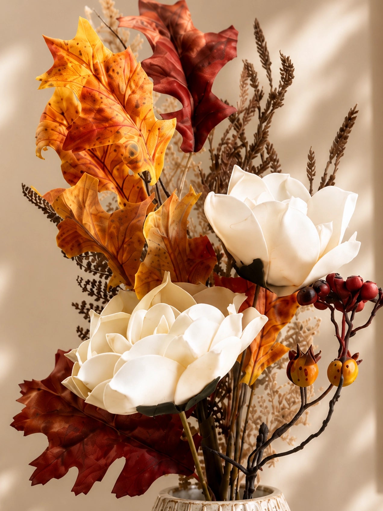 Dried Rose & Fall Leaves Bunch | Cream | 60 cm