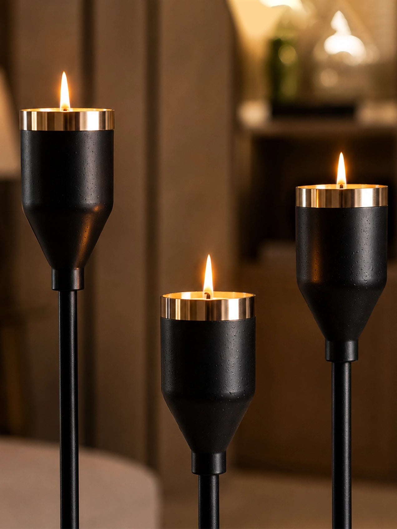 Candle Holder with Gold Accent | Matt Black | Set of 3