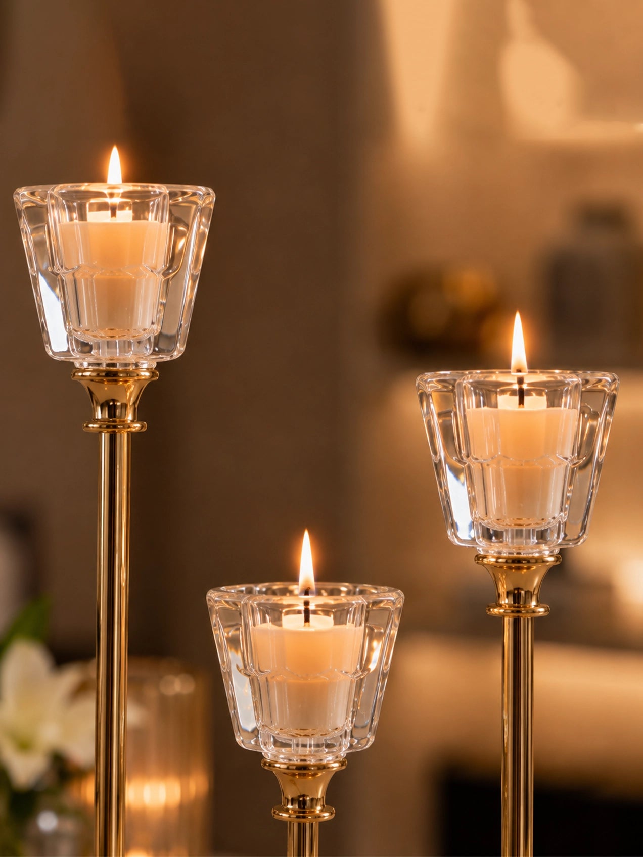 Candle Holder with Glass Base | Golden | Square Top | Set of 3