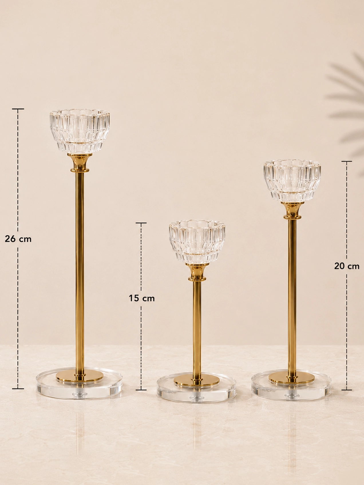 Candle Holder with Glass Base | Golden | Circular Top | Set of 3