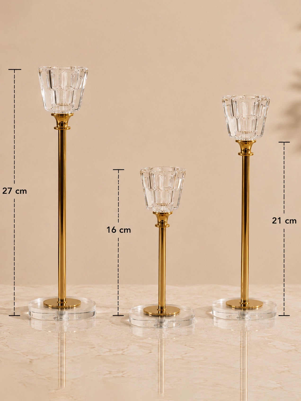 Candle Holder with Glass Base | Golden | Square Top | Set of 3