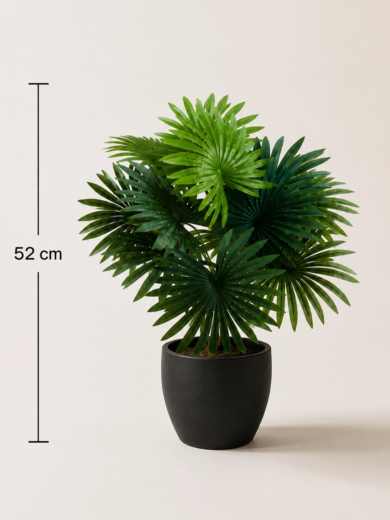Artificial Fan Palm Plant | Patterned Green Leaves | 52 cm | 12 Leaves | With Basic Black Pot